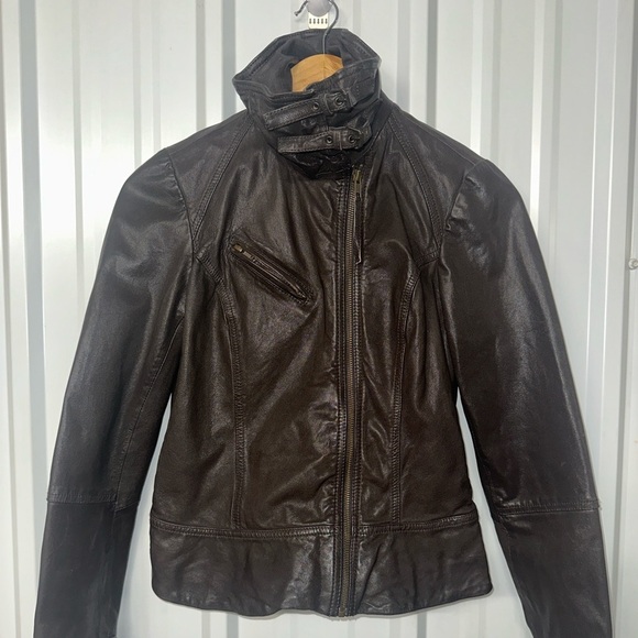 All Saints Belvedere Bitter Brown Genuine Leather Moto Jacket Women 6 Casual